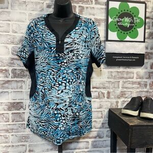 Healing Hands Blue and Black Abstract scrubs blouse zipper neck XL